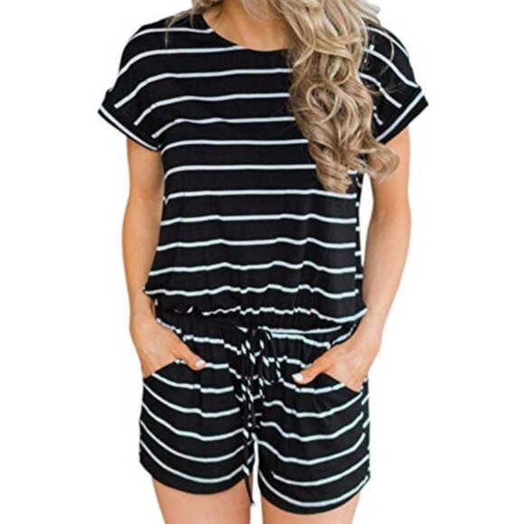 Ealey Fushi Striped Tie Waist Casual Winter Vacation Romper Black White Small - Picture 1 of 14